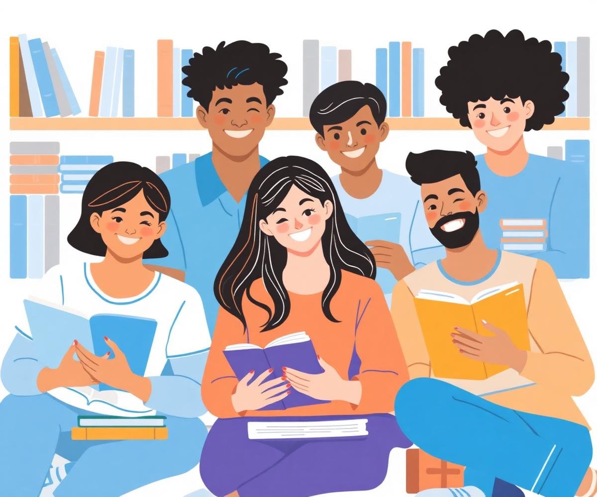 Estudantes estudando com livros, tablet e notebook